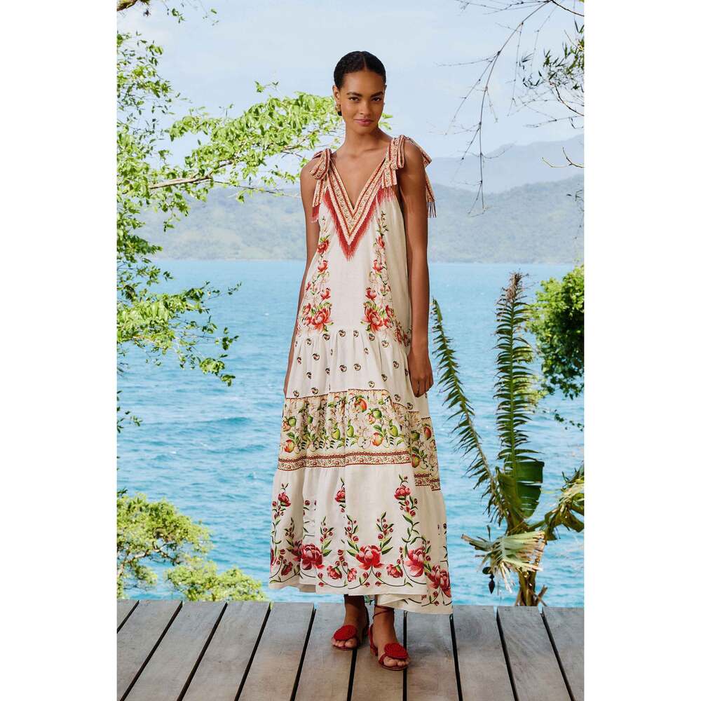 Final Price FARM Rio Cream Floral Maxi Dress with Red & Green Accents